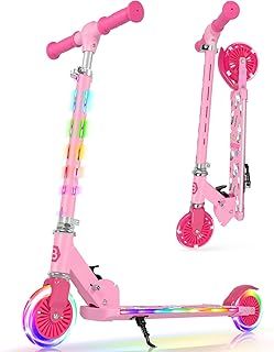 BELEEV V3 Scooter for Kids Ages 3-12, 2 Wheel Folding Scooters for Girl Boys with Light-Up Wheels & Stem & Deck, 4 Adjustable Height, Cartoon Pattern Deck, Lightweight Scooter with Kickstand