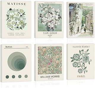 KAIRNE Vintage Sage Matisse Wall Art Framed,Green Prints Poster for Living Room Set of 6 Pieces(8x10inch),Aesthetic Decor Bedroom Accessories,Boho Botanical Art Prints for Bathroom Office Decoration
