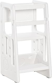 HOMCOM Kids Step Stool, Adjustable Standing Platform, Toddler Kitchen Stool, Standing Tower for Kids, Kitchen Counter with Three Adjustable Heights - White