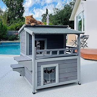 Outdoor Feral Cat House Wooden Kitty Shelter with Large Balcony,Escape Door,Waterproof