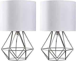 MiniSun | Modern Brushed Chrome Metal Basket Cage Bed Side Table Lamps with White Fabric Shades | Table Lamps, Home Décor & Improvement Essential | Set of 2