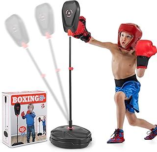 SPOTRAVEL Freestanding Punching Bag, 6-Position Adjustable Punch Boxing Set with Gloves & Fillable Base, Kids Boxing Equipment Set for Home, Gym & Office