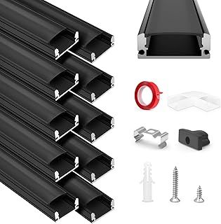 HOMMAND LED Channel, LED Profile 10 Packs 1m/3.3ft U-Shape, LED Diffuser and LED Aluminium Profile with Corner Connectors, End Caps, Mounting Clips and Adhesive, LED Strip Channel 10m,Black