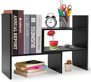 Adjustable MDF Desktop Bookshelf Desk Storage Organizer Display Shelf Rack, Counter Top Bookcase, Black