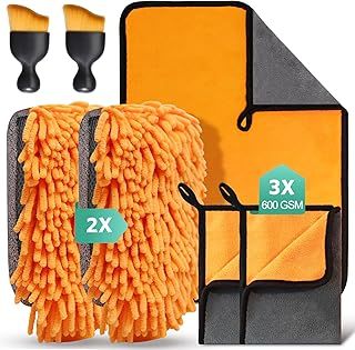 7 Pcs Car Cleaning Kit with 3 Pack Microfibre Cleaning Cloths, 2 Microfiber Car Wash Mitts and 2 Car Interior Cleaning Extra Soft Dusting Brushes, Household and Car Washing, Drying, Detailing
