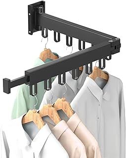 Clothes Drying Rack Wall Mounted, Foldable Clothes Airer with Hooks, Retractable Laundry Drying Rack Indoor Folding, Space Saver Clothes Drying Hanger Racks for Balcony, Laundry, Bathroom (Bi-Fold)