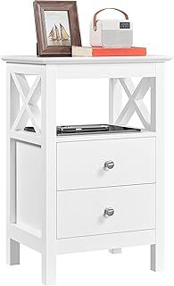 Yaheetech White Bedside Table, Wooden Nightstand Cabinet Unit with 2 Drawers and Open Shelf, X Shaped Sofa End Side Table for Living Room/Bedroom/Small Space, 30×40×60cm