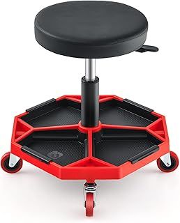 150KG Pneumatic Rolling Mechanic Stool, 41CM-55CM Height Adjustable & 360° Swivel Roller Creeper Seat with Removable Tool Tray and Wheels, Heavy Duty Padded Garage Workshop Stool