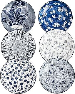 Ceramic Pasta Bowls Set,Blue and White Salad Bowl 20cm Dinner Shallow Plates Set of 6,Serving Appetizer Dessert Snack (8 Inch x 6pcs)