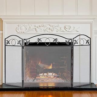 3 Panel Foldable Fire Screen, Metal Spark Fire Guard with Leaves Pattern, Indoor Outdoor Freestanding Safety Fireplace Fence for Coal Firing, Stoves and Grills (Leaves Pattern, 127 x 73.5cm)