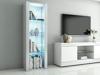 Panana High Gloss Tall Display Cabinet Wood Cupboard Sideboard Free Standing Storage Unit with Glass Shelves RGB LED Lights Living Room White (White)