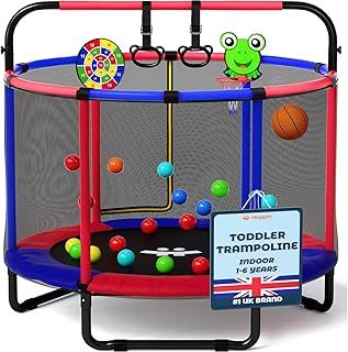 Happin 55” Toddler Trampoline Indoor & Outdoor Playset Ages 1-6, 5FT Kids, Ultra Safe Mini Trampoline for Kids with Safety Enclosure Net, Gifts for Birthday with Basketball Hoop