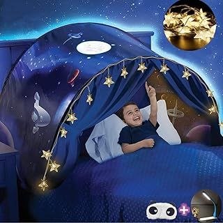 FLAYOR Children's Bed Tent, Funny Space Theme, Polyester, 82 x 220 cm, for Toddler, Unisex, Includes USB Lamp, Eye Mask, and LED Star Chain Lights