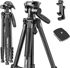 74" Camera Tripod, Lightweight Aluminum Tripod Stand for DSLR/Small Camera/Phone, Portable Travel Tripod with Pan Head, 1/4" Universal Quick Release Plate，Phone Holder & Carry Bag, Black