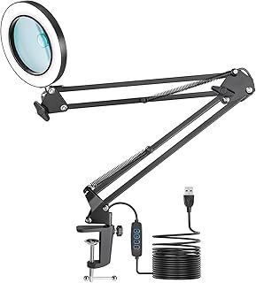Magnifying Glass with Light and Stand, 10X 8X LED Magnifying Lamp with Clamp, Desk Magnifier Lamp with 3 Color Modes Dimmable for Hobby Crafting, Workstation Lamp, LED Reading Lamp
