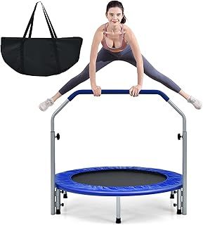 40" Mini Fitness Trampoline, Foldable Exercise Rebounder with 4-level Adjustable Foam Handrail, Indoor/Outdoor Gym Trampolines for Kids Adults