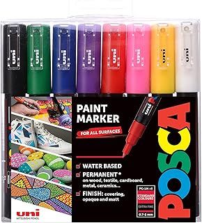 POSCA PC-1M Water Based Permanent Marker Paint Pens. Extra Fine Tip for Art & Crafts. Multi Surface Use On Wood Metal Paper Canvas Cardboard Glass Fabric Ceramic Rock Stone Pebble Porcelain. Set of 8