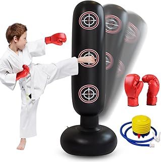 Kids Punch Bag Free Standing, Inflatable Punching Bag with Boxing Gloves and Pump for Children, Boxing Set Girls Boys Toys for Practicing Karate Taekwondo MMA Kick Age 3 4 5 6 7 8 9 10 11 12 13 14