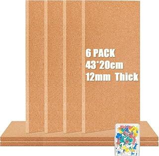 6 Pack Square Cork Boards for Walls, 43×20cm Self-Adhesive Bulletin Board, 12mm Thick Cork Board Tiles for Office Pictures, Photos, Drawing Display - Brown