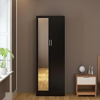 2 Doors Mirrored Wardrobe for Small Bedroom Bedroom Furniture Robe with 1 Storage Compartment, Hanging Rail, 72 x 47 x 170 cm (Black)