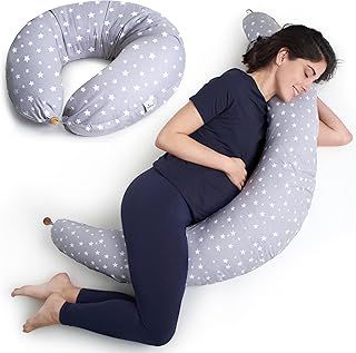 Niimo XXL Pregnancy Pillow & Nursing Pillow - 2-in-1 Design with a 100% Cotton Cover, Machine-Washable, Grey with White Stars (200 x 70 cm)
