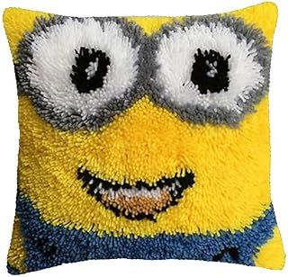 Latch Hook Cushion Kits for Adults, Latch Hook Pillow Case Kits Embroidery Kits 17X17Inch, DIY Needlework Pillow Cover Sofa Cushion Rug Making Kits, DIY Craft Kits 43x43 cm - Little Yellow Man