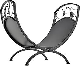 Outsunny Metal Arced Firewood Log Holder Indoor Outdoor Folding Firewood Rack Fireplace Wood Storage Shelf w/Leaf Pattern Design, Black, 43.5W x 36.5D x 41H cm