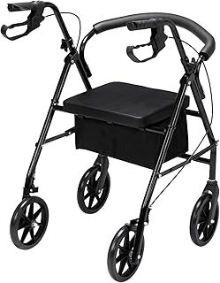Bonnlo Rollator Walkers, All Terrain Walkers w/Extra Wide Padded Seat for Seniors Lightweight, Easy Folding Medical Walker with 8'' Wheels, Storage Pouch, Padded Backrest, Supports up to 300 lbs, Red