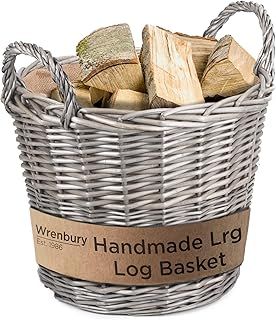 Wrenbury Wicker Log Basket Large 38cm - Lined Log Baskets for Wood Burner Indoor - Round Willow Storage for Logs - Grey Fire Wood Basket for Fireplace