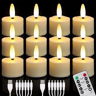 FREEPOWER 12pcs Rechargeable LED Tea Lights Flickering with Remote Control and Timer Dimmable Warm White Flameless Candles with 2 USB Charging Cables, Home Decoration for Halloween Christmas