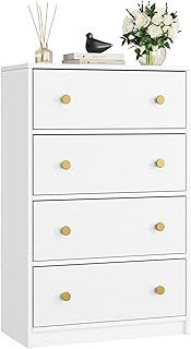 Nicehill White Chest of Drawers with 4 Drawers, Wooden Frame & Gold Handles, Fabric Chest of Drawers for Bedroom, Living Room, Hallway, Entryway, White