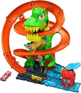 Hot Wheels Toy Car Track Set, City T-Rex Blaze Battle Playset & 1:64 Scale Die-Cast Vehicle, 18” Tall, Multiple Race Outcomes, Spinning Dinosaur Eyes, JBM73