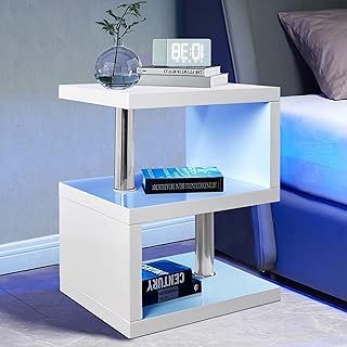 White Led Side Table Small Coffee Table For Living Room, High Gloss S Shape Sofa End Table With RGB Led Lights, 2 Tier Storage Shelves Ractangle Coffee Tables For Home Office Furniture