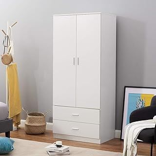 2 Door 2 Drawer Wardrobe with Hanging Rail Wooden Clothes Organizer Storage Cupboards Unit for Bedroom Furniture W 76.8 * D 50 * H 180cm (White)
