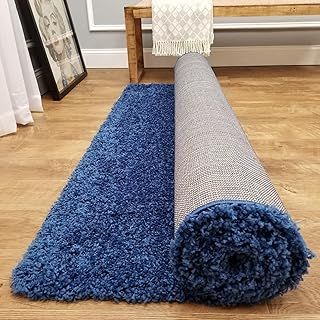 EXTRA THICK HEAVY 5CM PILE SOFT SHAGGY RUGS MODERN AREA RUGS BEDROOM HALL RUGS (Navy Blue, 60 x 110cm)