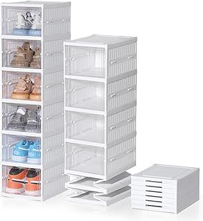 ELUCHANG Shoe Boxes, 6PCS Clear Shoe Boxes Stackable Foldable, Shoe Storage Organiser for Sneakers, Trainers, Hallway, Under Bed, Fit Up to UK 10, Installation Free, Transparent and White