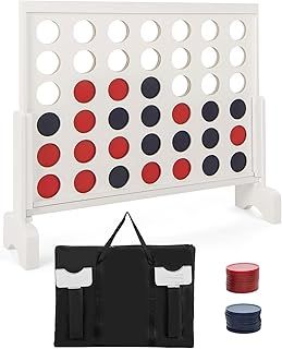COSTWAY Giant 4-in-a-row Game Set, Wooden Jumbo 4 to Score with 42Pcs Chips, Fabric Carrying Bag, Indoor Outdoor Connect 4 for Kids Adults (White)