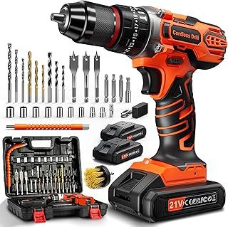 FAHEFANA 21V Cordless Hammer Drill with 2 Batteries 2.0Ah, 25+3 Nm Torque, 2-Speed Electric Impact Screwdriver Set, LED Light Combi Drill, Power Tools for Home and Garden (Orange)