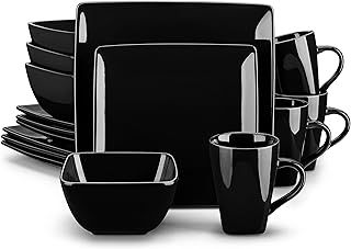vancasso Plates and Bowls Set, Black Dinner Set for 4, Soho Stoneware Dinner Set 16-Piece Square Plates Set with Dinner Plates, Dessert Plates, Bowls and Mugs