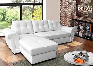 Corner Sofa Bed in White PU Leather, Large Storage Compartment. L Shaped Sofa Bed Left or Right