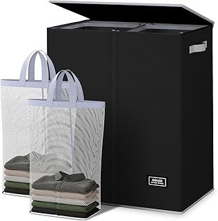 SOLEDI 145L Double Laundry Basket with Lid and Removable Bags, Large Laundry Hamper Collapsible Laundry Basket with 2 Compartment, Washing Basket for Laundry, Foldable Laundry Baskets for Bedrooms
