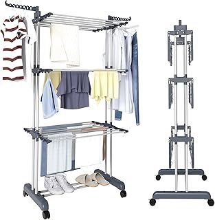 Clothes Drying Rack 3 Tier Adjustable Rolling Laundry Hanger with Foldable Wings Large Stainless Steel Garment Dryer with Casters for Outdoor Indoor