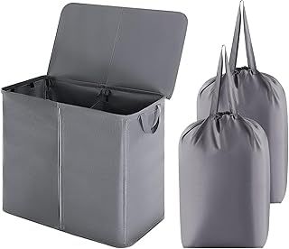 Lifewit 105L Double Laundry Hamper with Lid and Removable Laundry Bags, Divided Basket with Handles, Large Separated Clothes Basket for Bedroom, Bathroom, College Dorm, Laundry Sorting, Grey