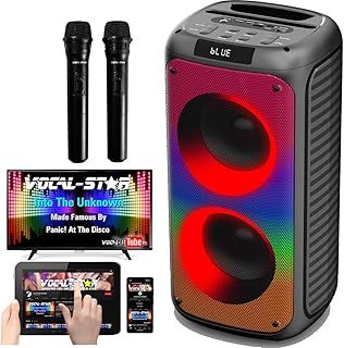 Vocal-Star Portable Karaoke Machine With Bluetooth, 2 Microphones, 100w Speaker, 6 Dazzling LED Full Speaker Lights Effects, Records Vocals, TWS, AUX, Rechargeable