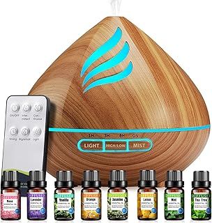 Oil Diffusers 500ML with 8 Essential Oils Set, Aromatherapy Diffusers Air Freshener,Essential Oil Diffuser with Remote Control, 4 Timer and Waterless Auto-Off Cool Mist Diffusers for Home