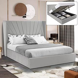Blisswood Ottoman Storage Bed With Gas Lift End Opening Wooden Slats, Ottoman Small Double Bed Frame, Upholstered Gas Lift Up Bed Frame With Storage, (4ft Grey, No Mattress Included)