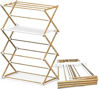 VOUNOT® Folding Clothes Airer Extendable Tower Clothes Airer Space Saving Clothes Dryer with 3 Levels Metal Wood Look, 75 x 63 x 169 cm