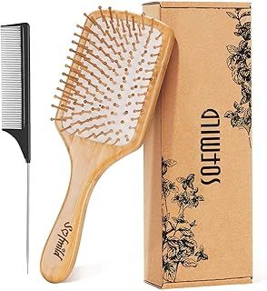 Hair Brush, Eco-Friendly Natural Wooden Bamboo Paddle Hairbrush for Long Short Curly Thick Thin Hair for Men Women Kids, Massaging Scalp, Reducing Tangle & Hair Breakage, Promoting Hair Growth