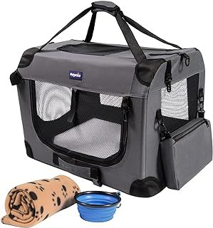 Petprsco Portable Collapsible Dog Crate, Travel Dog Crate 60x42x42cm with Soft Warm Blanket and Foldable Bowl for Large Cats & Small Dogs Indoor and Outdoor