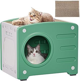 YITAHOME Cat House with Cat Scratching Board, Plastic Cat Beds for Indoor Cats, Cat Cave, Cat Bed, Cat Furniture, Cat Hideaway, Cat Kennel, 99KG Load Capacity, Water Resistant (Green)
